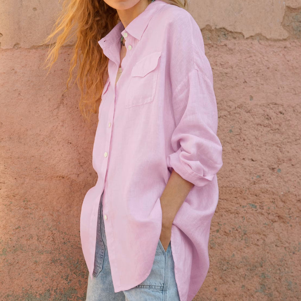 Pale pink loose fit long sleeve shirt with a collar